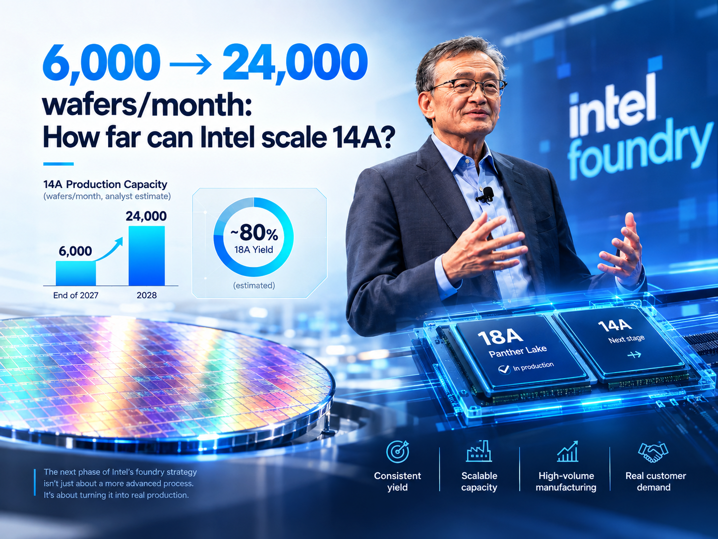 Intel 14A được dự báo đạt 6.000 wafer/tháng vào cuối 2027, 18A đạt yield 80%