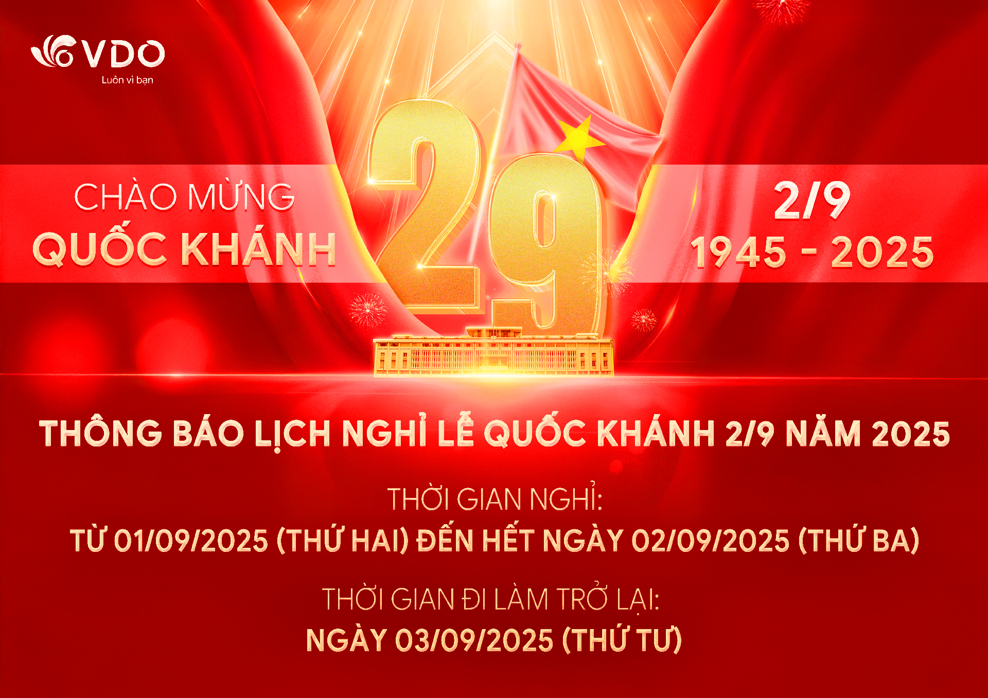 Thông báo lịch nghỉ lễ Quốc Khánh 2/9 năm 2025