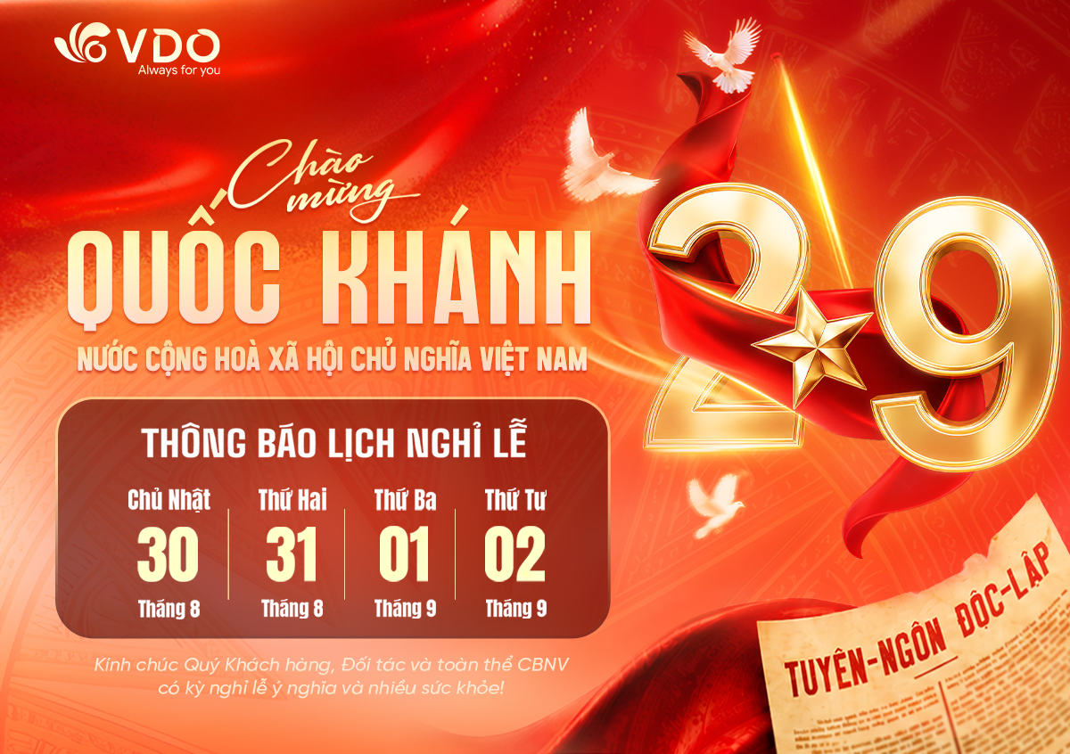 VDO thông báo lịch nghỉ lễ Quốc khánh 2026