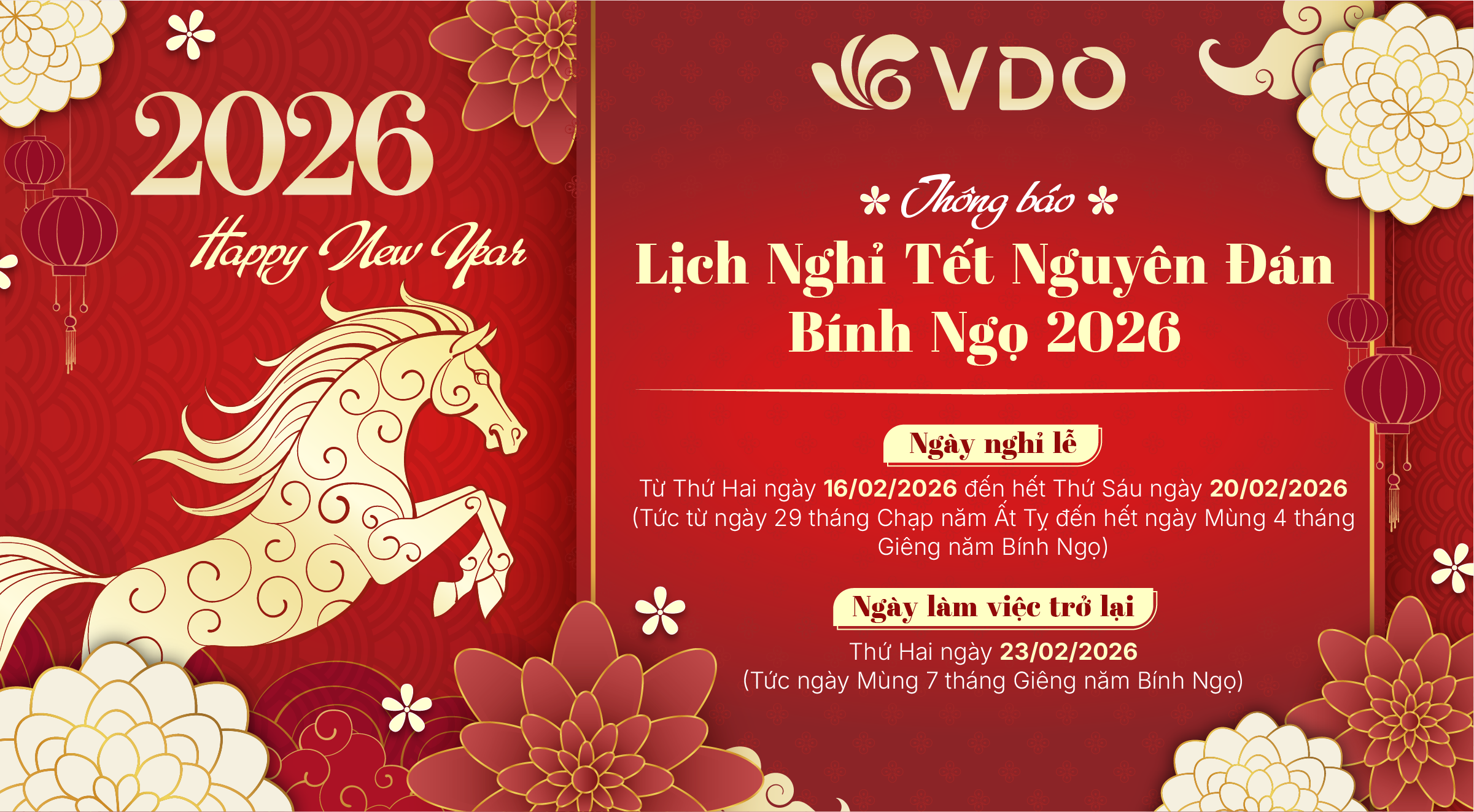  VDO thông báo lịch nghỉ Tết Nguyên đán Bính Ngọ 2026
